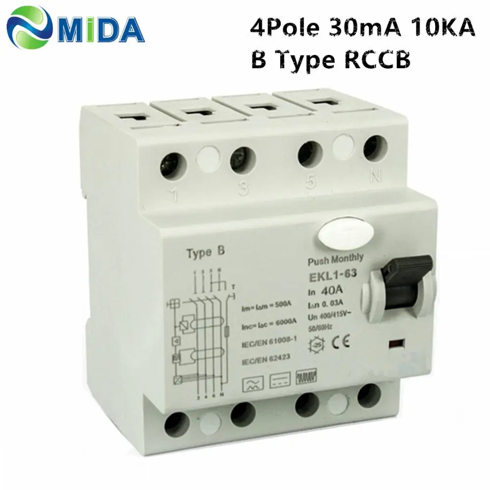 RCCB EKL1 63 415 В 10 кА 4 полюса 30 мА 40 А Тип B RCD выключатель тока а для зарядной станции