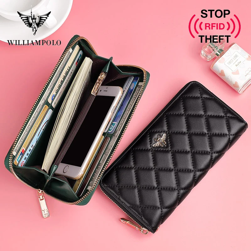 Женский кошелек из овечьей кожи сумка RFID для телефона на молнии держатель карт