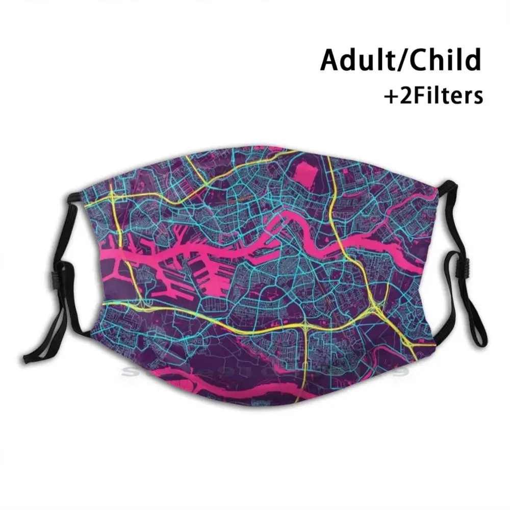 

Rotterdam Neon City Map , Rotterdam Minimalist City Map Art Print Adult Kids Washable Funny Face Mask With Filter Map Maps