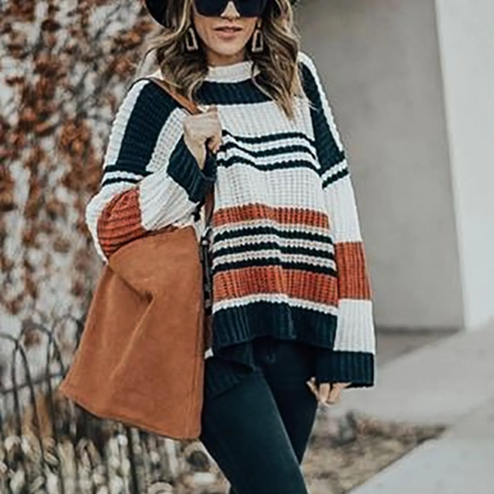 

Autumn Winter Color Block Striped Sweaters Women Loose Pullover Tops Casual Long Flared Sleeves Round Collar Knit Tops Fast Ship