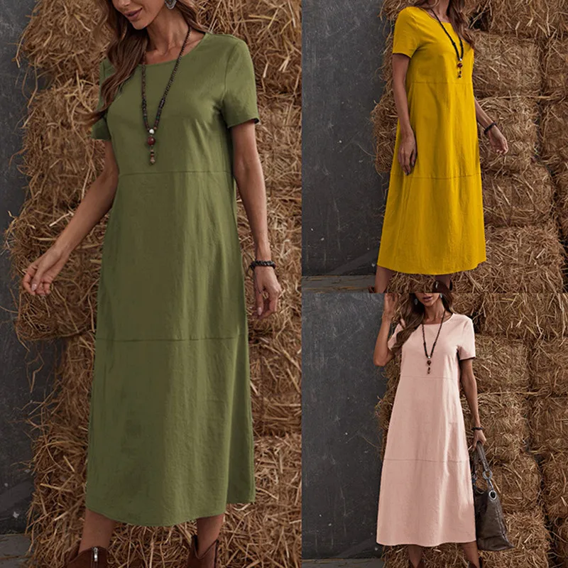 

Fashion Summer Women's Yellow Long Dress Women's Solid Color Loose Cotton Hemp New O-neck Short Sleeve Casual Dress Vestidos