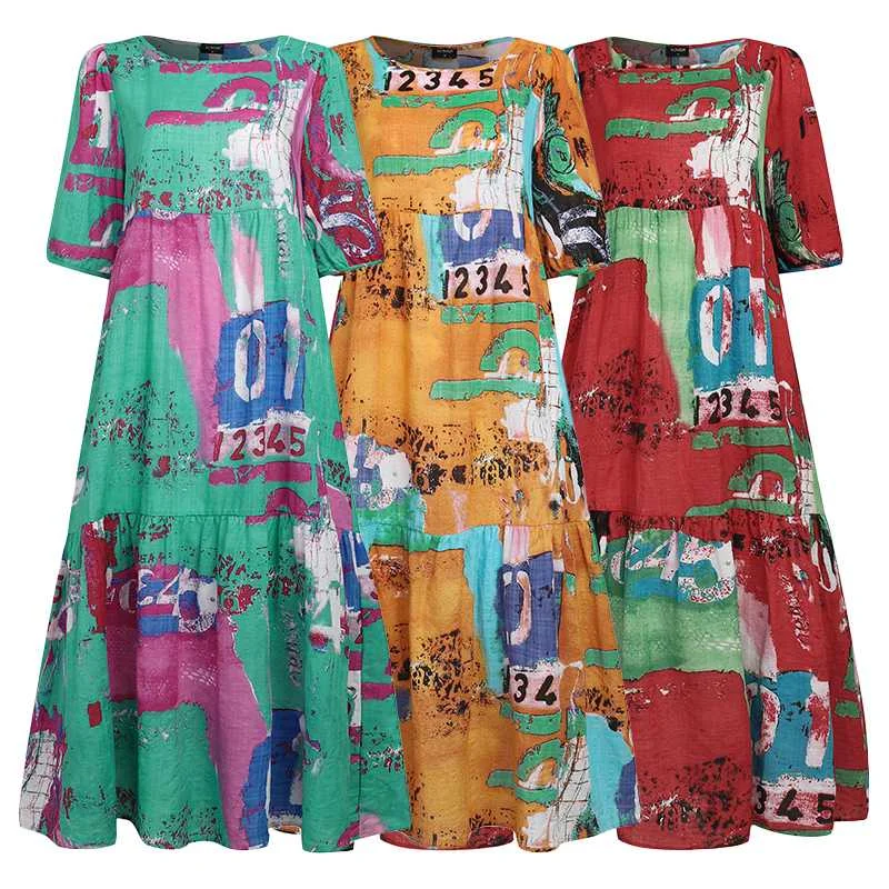 

Women Dress VONDA Vintage Printed Long Dresses Casual Cotton Short Sleeve Dress Party Robe Femme Bohemian Vestidos