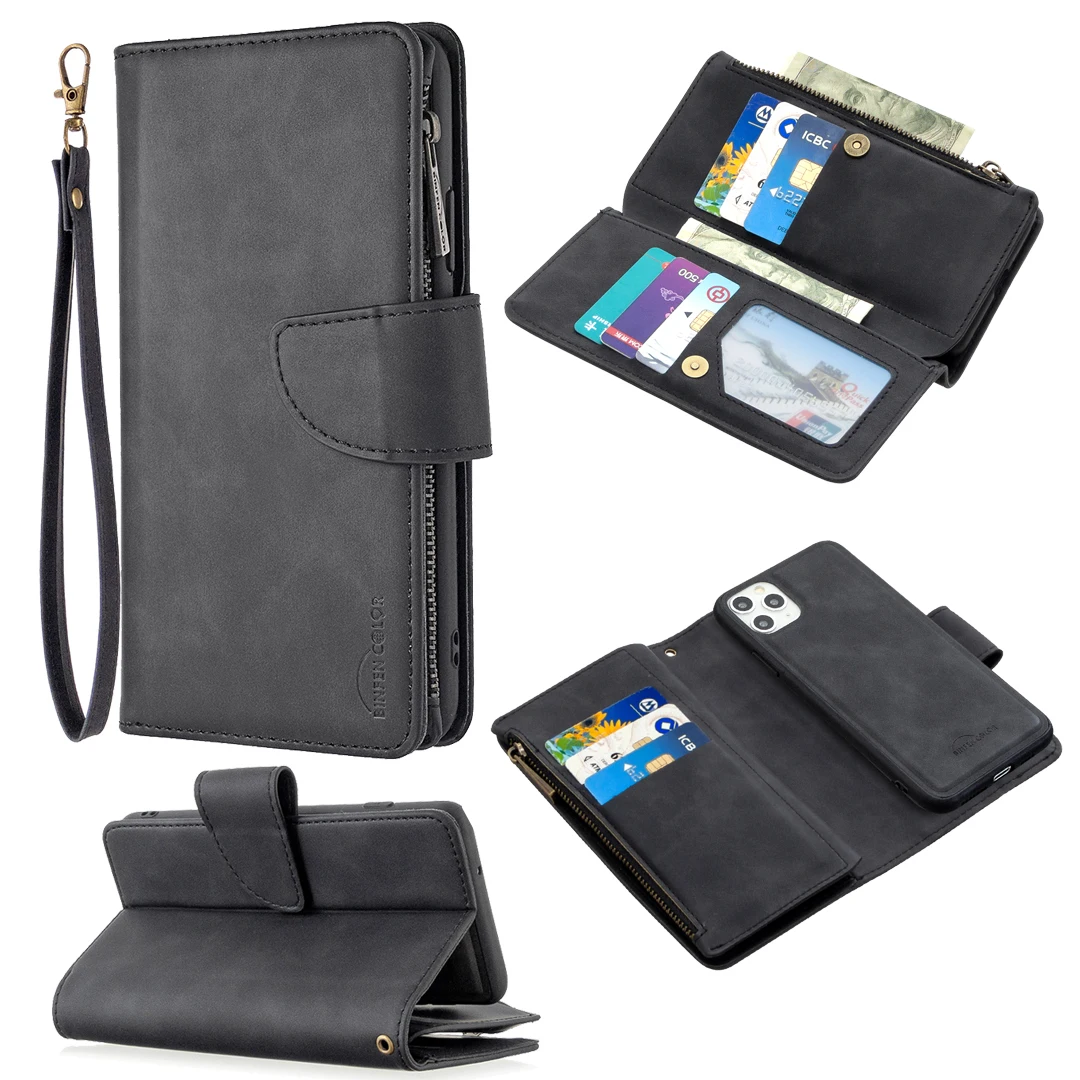

Skin feel Leather Zipper Case For iPhone 11 Pro SE 2020 XR XS X 8 7 6 Plus Multifunction Cover Phone Cases Coque Funds Etui