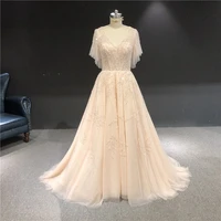 real pictures nude pink v neck short sleeves a line heavy hand beads small train women evening dress long formal party dresses