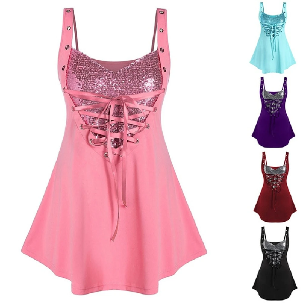 

Tank Top Women Sequined Lace Up Rings Crop Tops Summer Ladies Casual Sleeveless Shirts Women's Top 2021