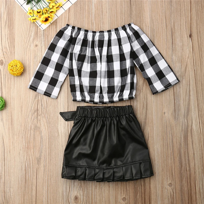 Летняя Клетчатая рубашка принцессы + юбка из искусственной кожи 2 шт. комплекты