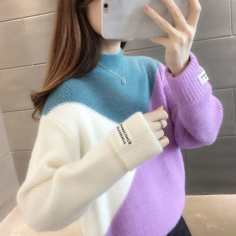 

Свитер с воротником-хомутом Женский, Свободная трикотажная Удлиненная рубашка, цветной свитер на осень и зиму