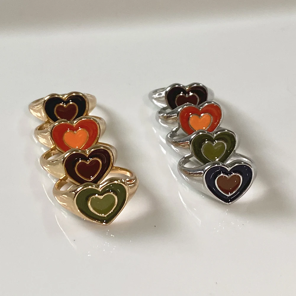 

New Ins Creative Simple Colorful Double Layer Love Heart Ring Vintage Heart Rings For Women Girls Fashion Jewelry