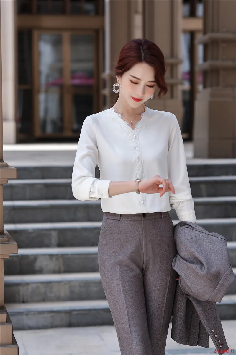 Женская офисная блузка с V-образным вырезом и длинным рукавом | одежда