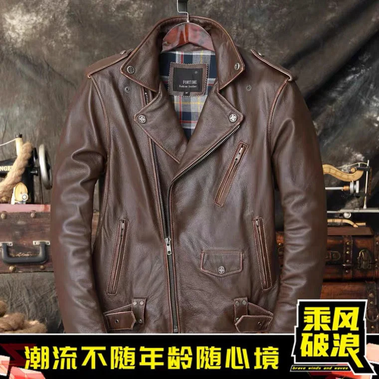 

Clothes Motorcycle Youth Handsome Leather Jacket Top Layer Cowhide Leather Coat Men's Slim Fit Hand Rubbed Old