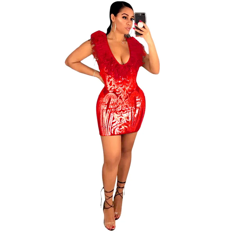 

New sequins see-through sexy nightclub big round neck collarless mid-waist feather dress plus size dress