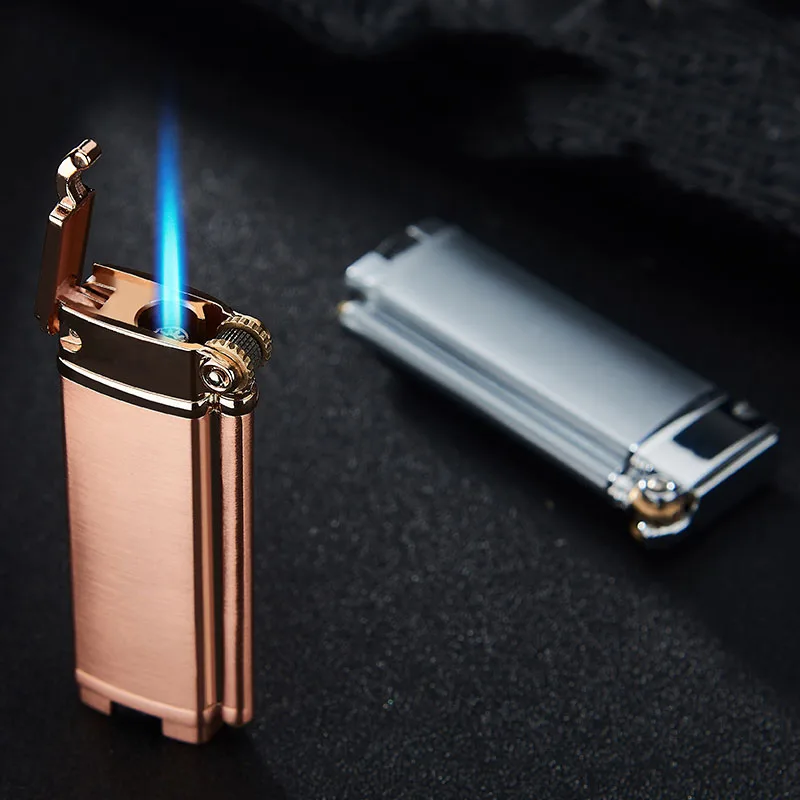 Креативный прямой Синий Пламя ветрозащитная газовая зажигалка может установить огонь Личность Ретро маленький шлифовальный круг сигаретный набор