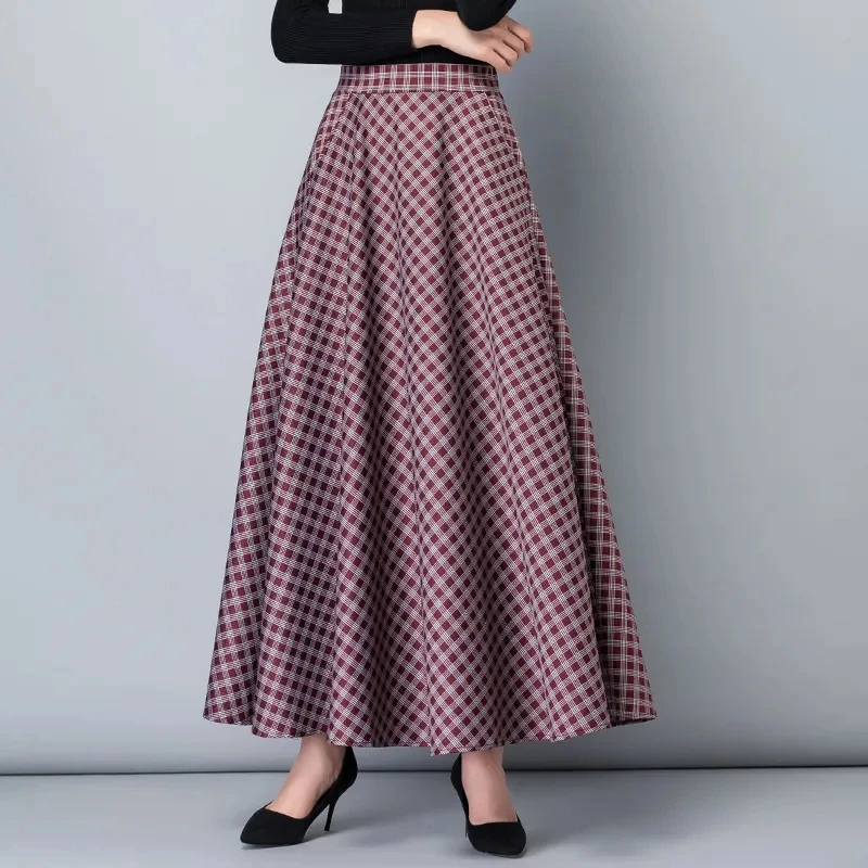 

FairyShely 2021 Autumn Winter High Waist Umbrella Knee Skirt Women Casual Pocket Woolen Grid Skirt female Flare Plaid Long skirt