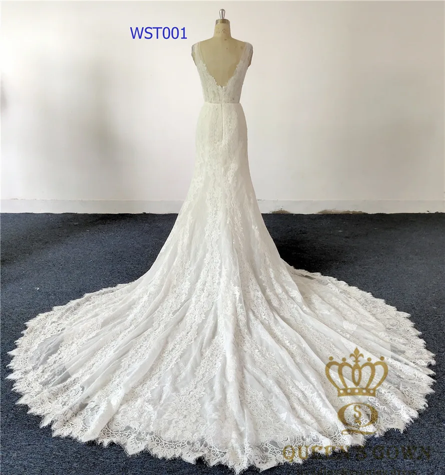 

Mermaid deep v neck sexy sleeveless long train wedding dress