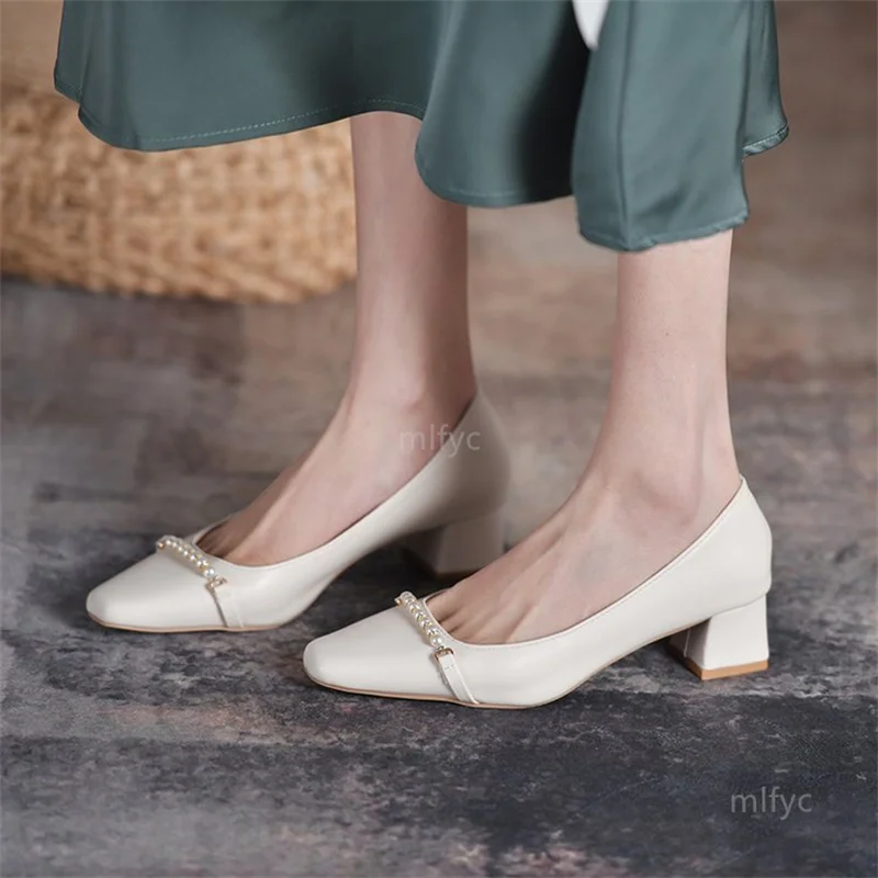 

Vintage Mary Jane women's shoes mid heel 2021 new square toe pearl temperament single shoes thick heel French high heels shoes