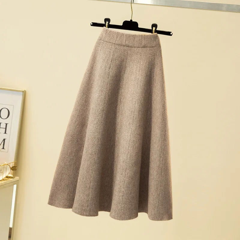 

Knitted pleated midi skirts women autumn and winter skirt 2022 high waist A-line large swing umbrella skirt mid-length BSQ565