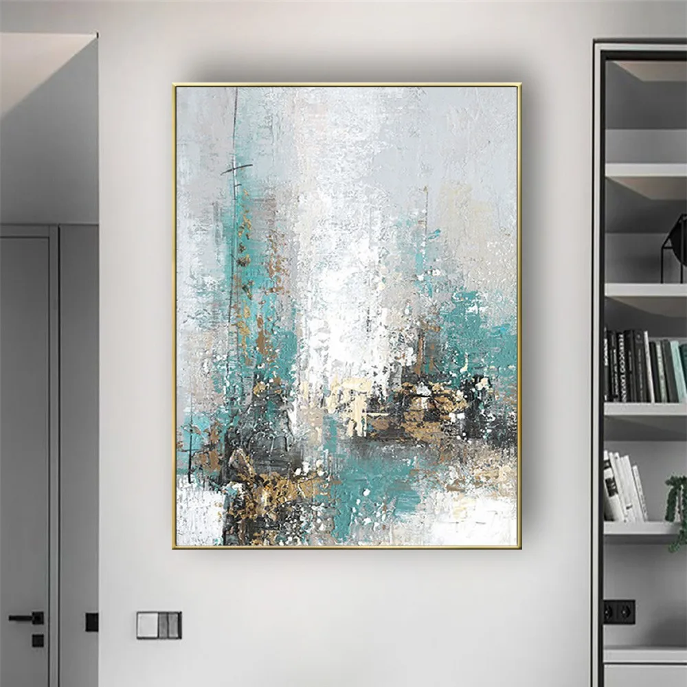 

Hand-Painted Oil Paintings Modern Abstract Gold Foil Craft Canvas Image Light Green Gray White Mural Home Decoration Painting