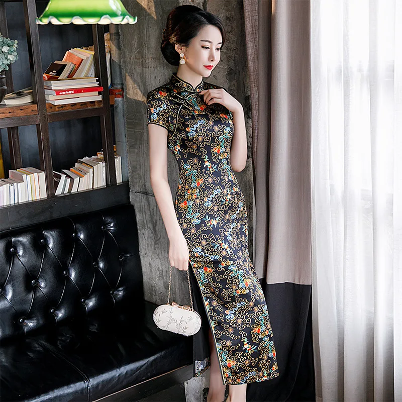 Весенне летние традиционные костюмы Ципао с коротким рукавом шелковое вечернее