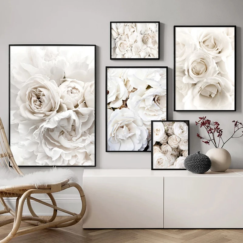 

peony flower painting white rose flowers Wall art nordic garden posters and prints wall pictures for living room decor
