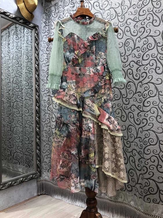 

Round Neck Embroidery Print Color Matching Perspective Long Sleeve Skirt Dress Custom 2021 Early Spring New Women's Dresses