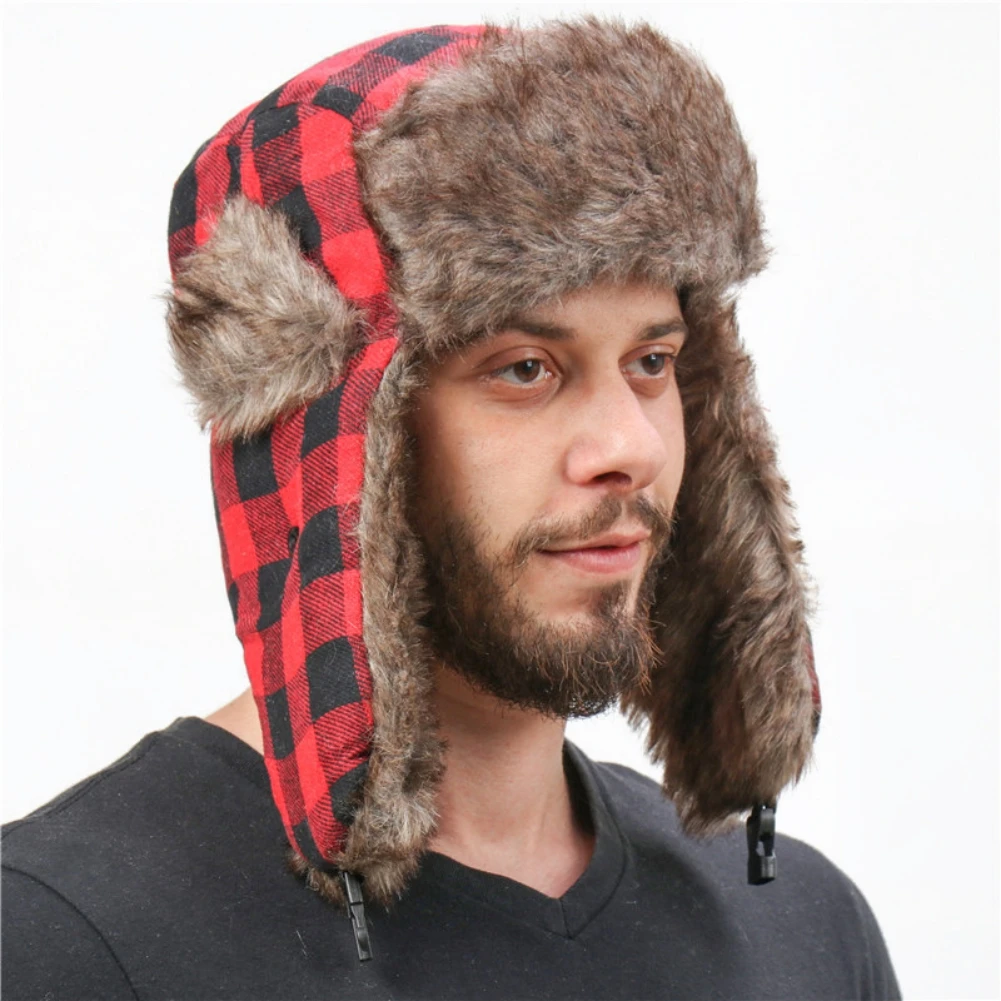 

Plaid Trapper Bomber Fur Hats Men Women Winter Warm ycling Hiking Camping Caps Skiing Snowboarding Skating Ear Protector Caps