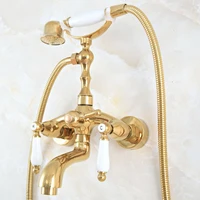 luxury polished gold color brass bathroom wall mounted clawfoot tub faucet taps set with hand held shower head spray mna813