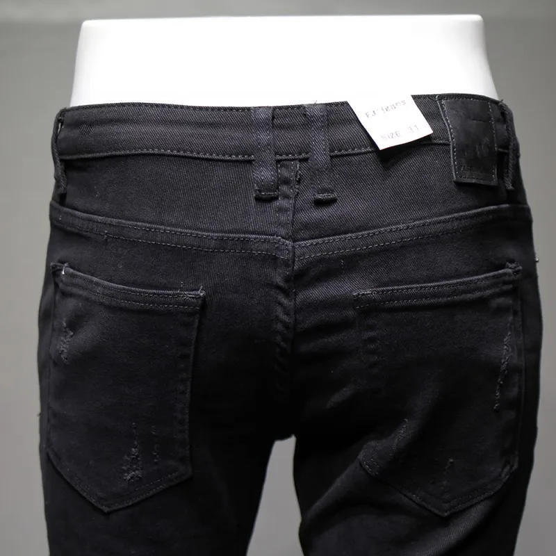 

Black Hole Ripped Patch Design Jeans Men Autumn Winter Thicken Denim Pencil Pants Personality Zipper Casual Biker Trousers
