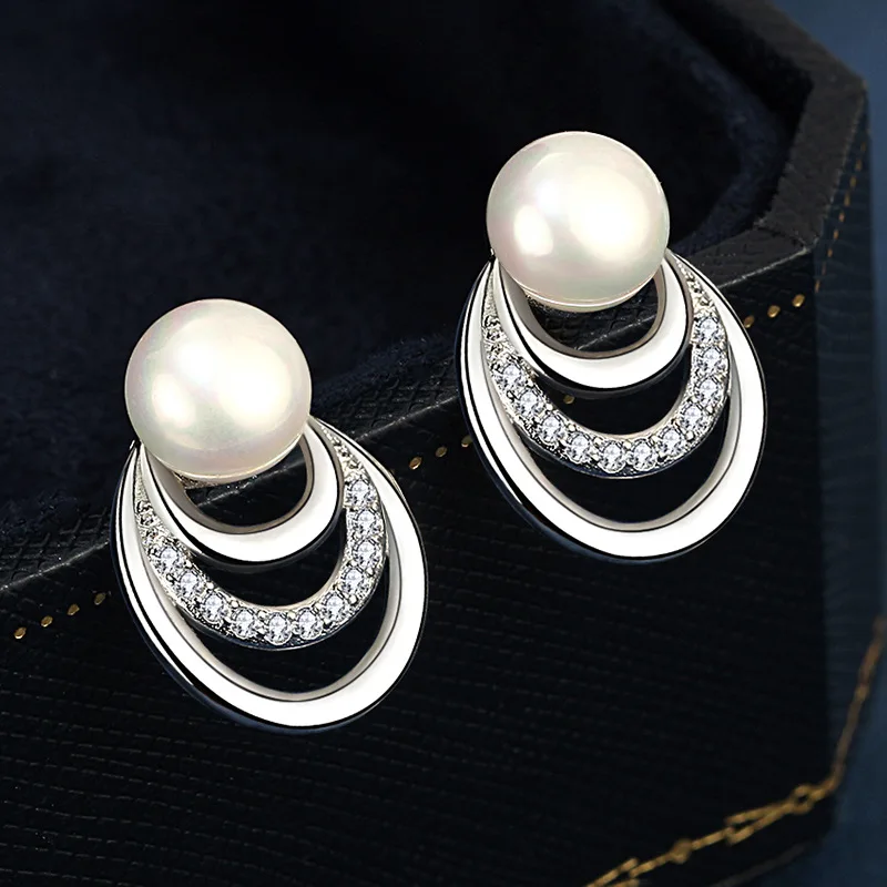KOFSAC Sweet Temperament Pearl Zircon Geometry Studs Girl Ear Jewelry 925 Sterling Silver Earrings For Women Party Accessories