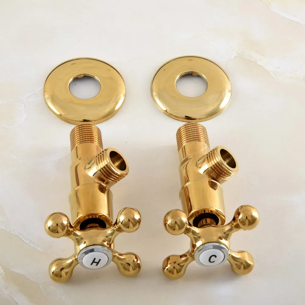 

2Pcs Polished Gold Color Brass Cross Handles Bathroom Angle Stop Valve 1/2" Male x 1/2" Male Thread aav020