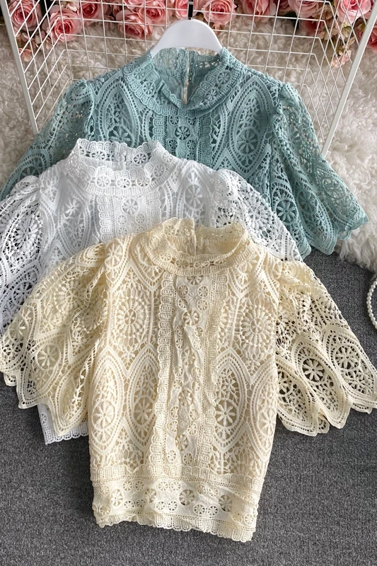 

Summer new Puff sleeve blouse women's tops retro Elegant hollowing out sweet lace short sleeves Tops for women shirts blouses