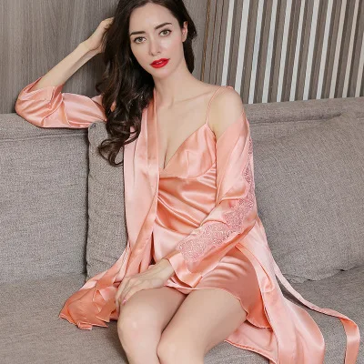 

Pure Silk Pajamas Women Sets Sexy Robe Two-piece Lace Silk Nightdress Sleepwear For Ladies Sleepshirts Lounge Nighty