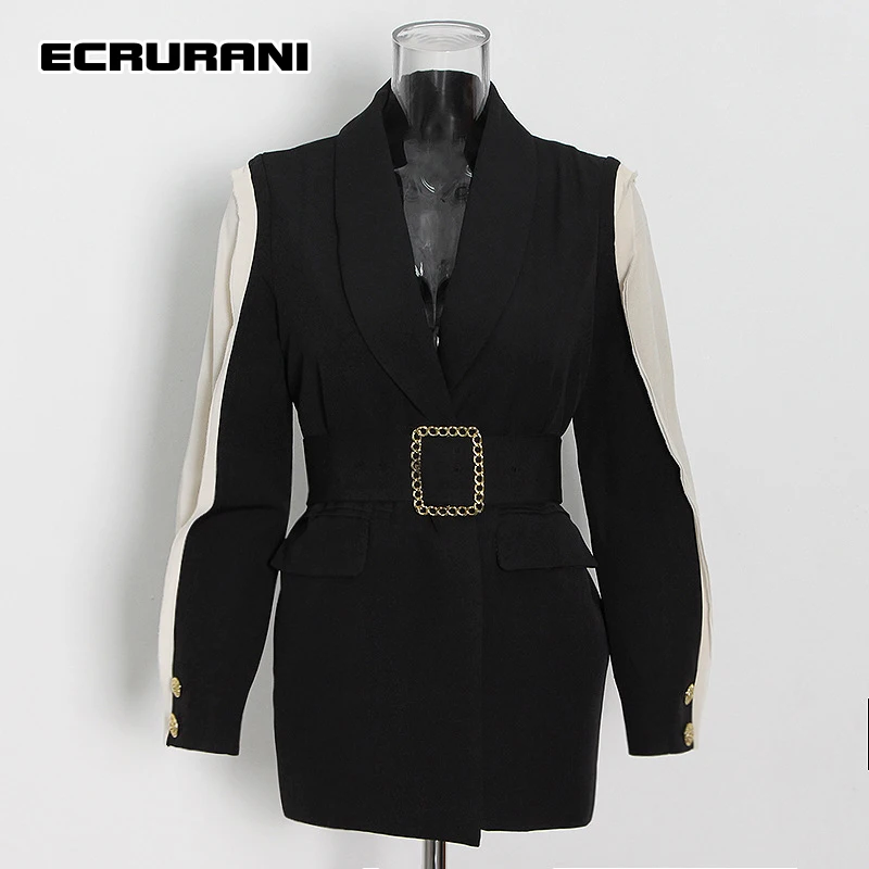 

ECRURANI Colorblock Elegant Blazers For Women Notched Long Sleeve Patchwork Casual Blazers 2021 Female Fashion Autumn New Style