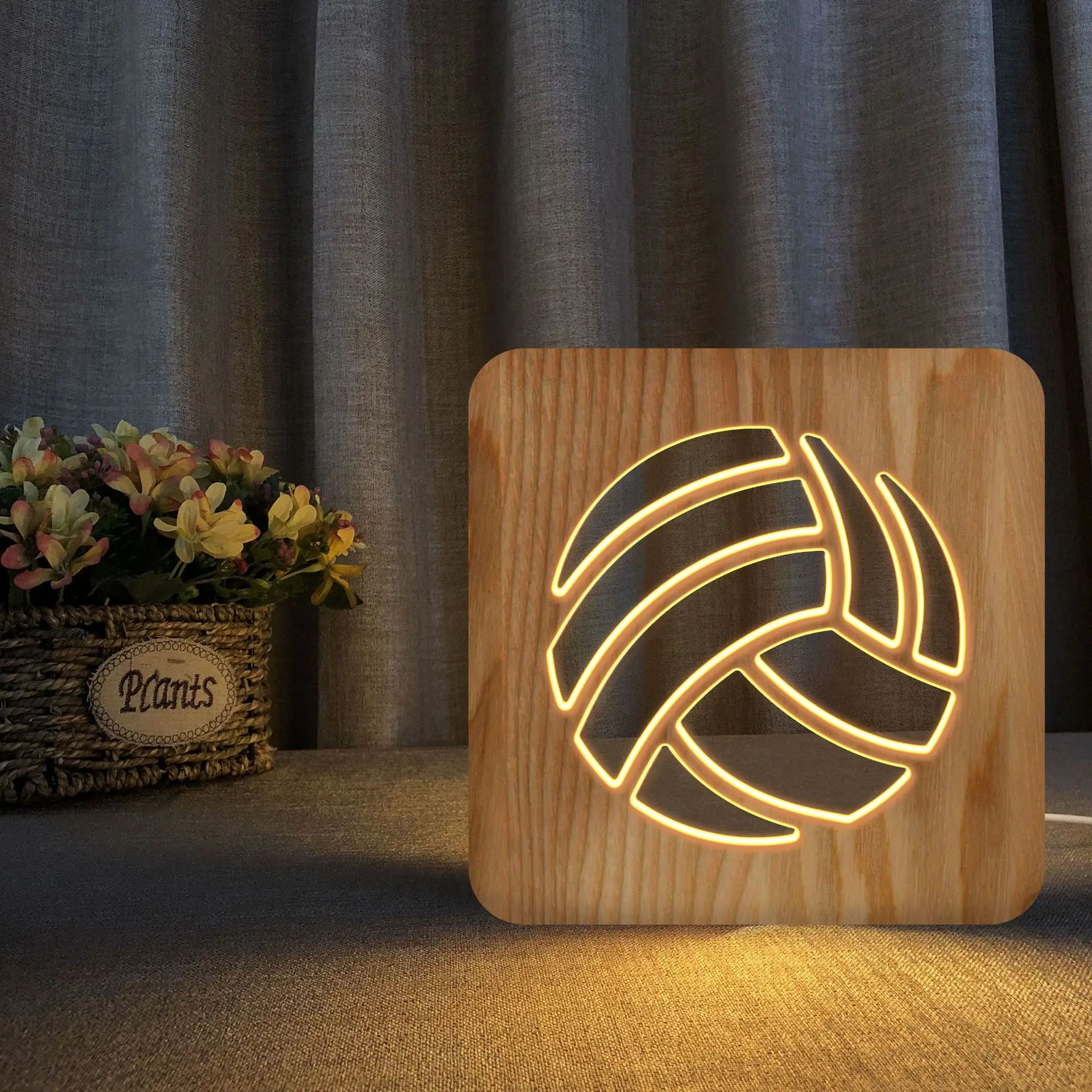 

Volleyball 3D Wooden Lamp Led Usb Night Light Hollow Carving Table Lamps for Home Bedroom Decor Creative Gifts Dropshipping