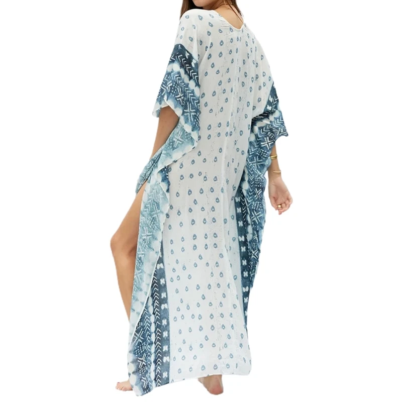 

Women Batwing Sleeve Bikini Swimsuit Cover Up Sexy V-Neck Geometry Print Muslim Kaftan Side Split Loose Beach Maxi Dress