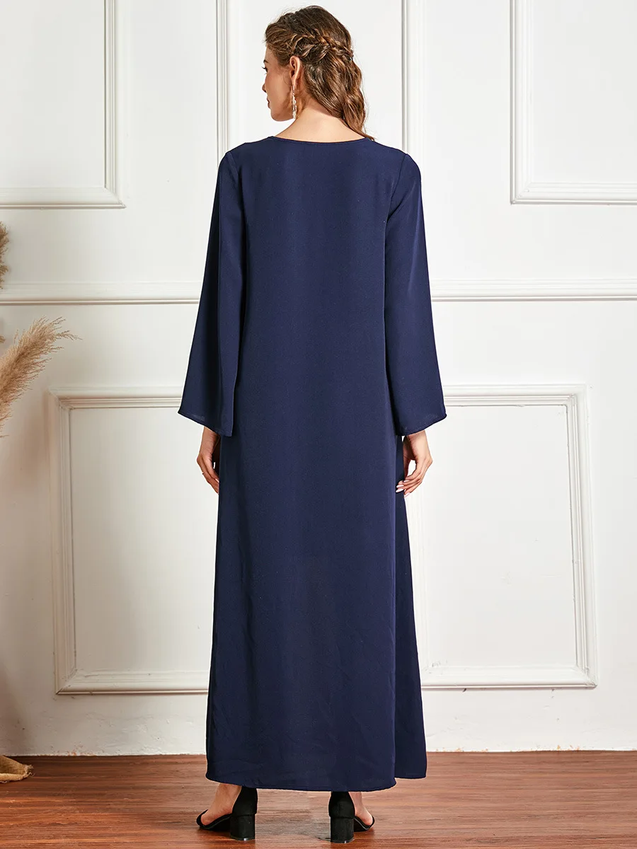 

Dark Blue Printed Muslim Middle East Large Size Dubai Women's Round Neck Long Sleeve Fashion Contrast Color Stitching Arabian Lo