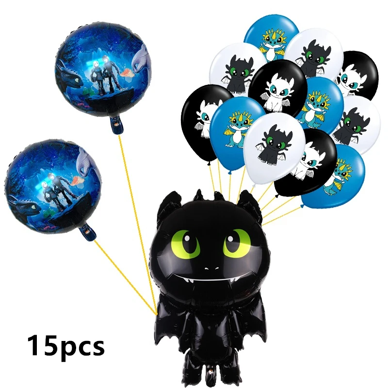 15pcs/set No Teeth Dragon Foil Balloon Green Eyes Black Loong Theme Latex Balloons Happy Birthday Party Decoration Kids Boy Toy | Дом и сад