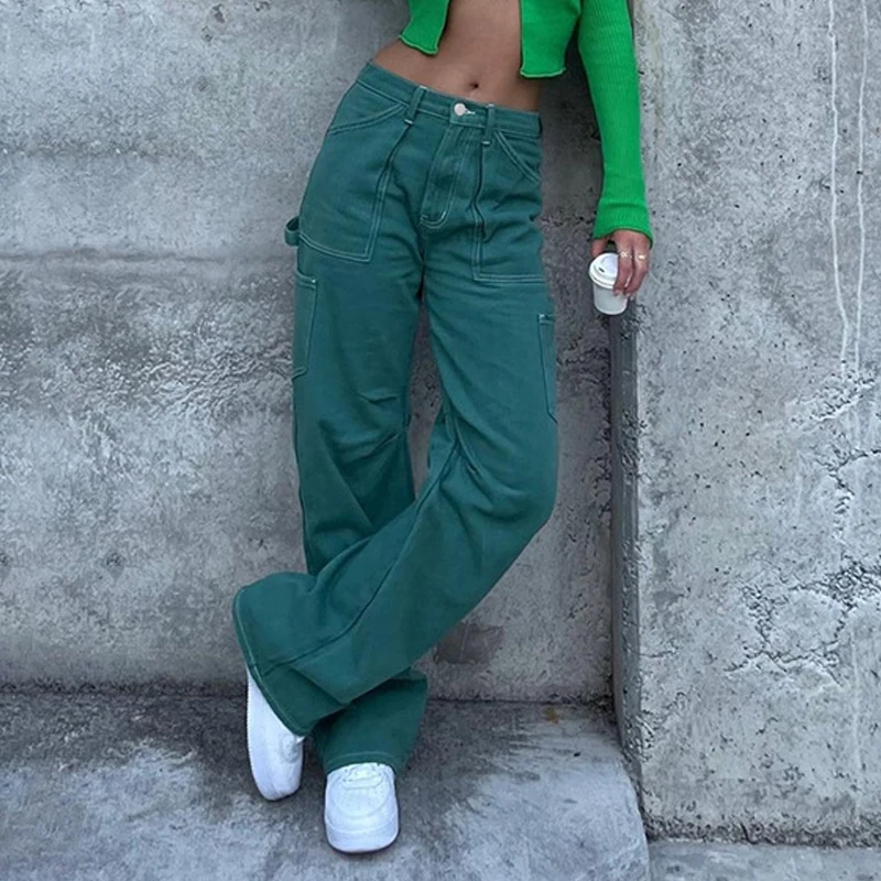 

Streetwear Y2k Alt Cargo Jeans Women E Girls Harajuku Boggy Jogger 90s Aesthetic Green Denim Korean Denim Punk Hip Hop Trouser