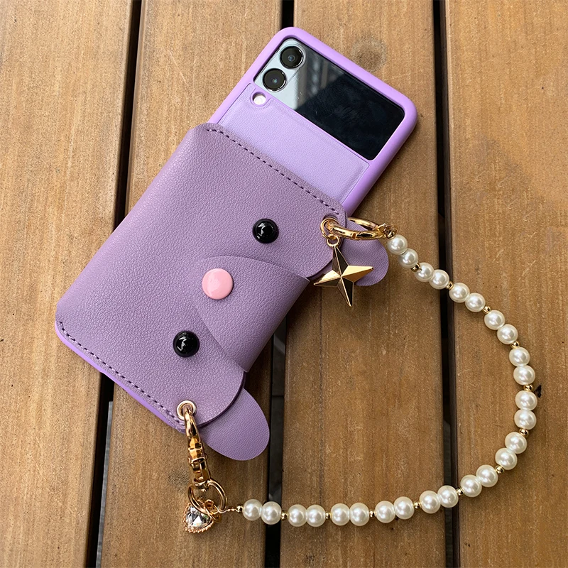 

Creative Wallet Case for Samsung Z Flip3 F7110 Wallet Portable Lanyard Purple Cover for Galaxy Z Flip3 Plain Leather Conque