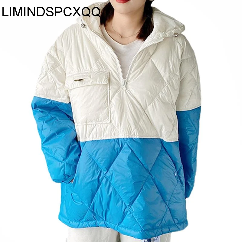 

LIMINDSPCXQQ Korean Fashion White Blue Hooded Padded Coat 2021 Women Pockets Loose Warm Down Jacket Female Zippers Casual Parkas