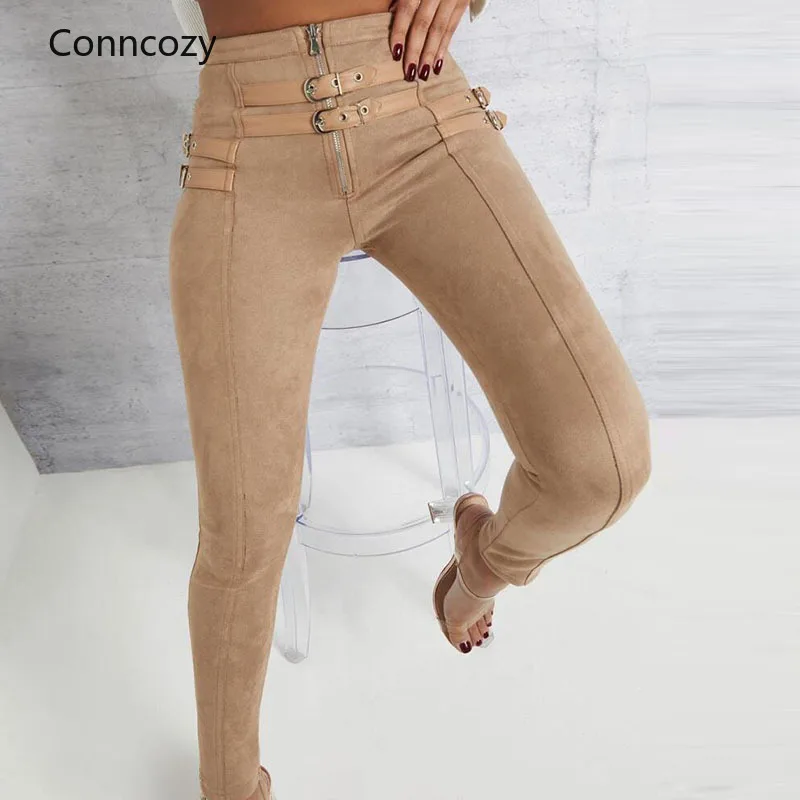 

2021 Classic Basic Khaki Trousers Women Clothing Casual Bodycon Bandage Suede Pants Ladies Pencil Pants Elastic Women‘s Pants
