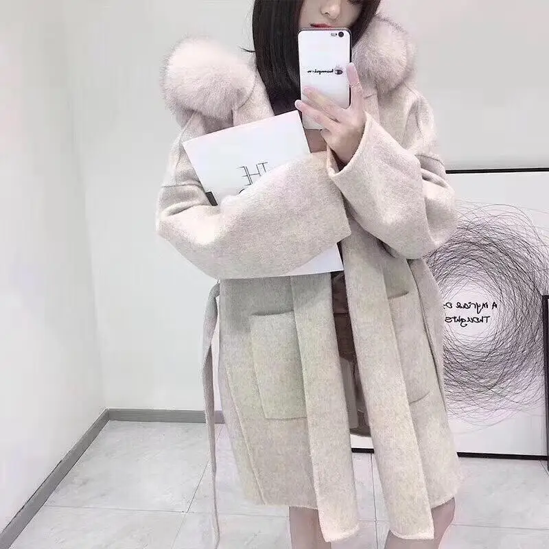 Корейское длинное кашемировое пальто с настоящим бренд Fox Fur Trim Hoodie теплое плотное пальто с большими карманами женская верхняя одежда зимнее пальто