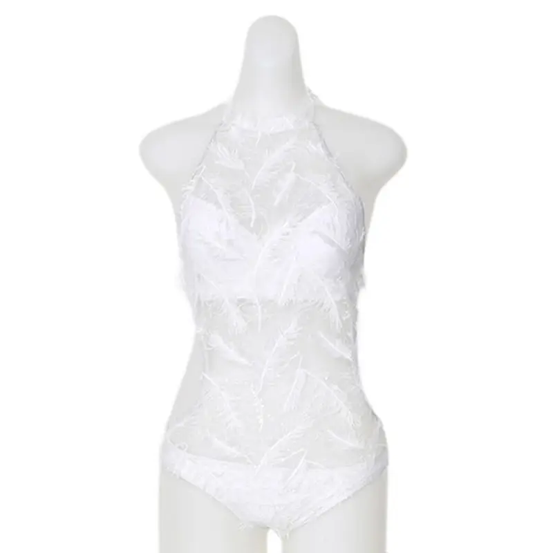 Цельный купальник для женщин с лямкой на шее перо кружевное пляжное бикини пуш ап