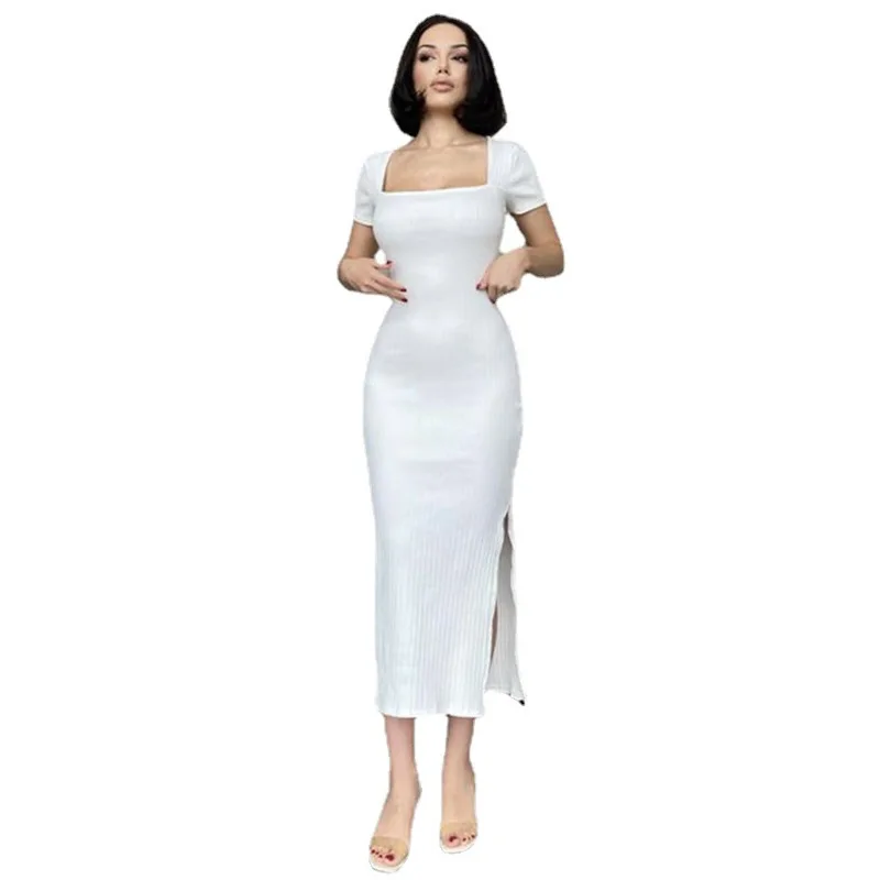 

Vintage White Slim Women Dress High Waist Square Collar Short Sleeve Casual Ladies Female Sweet Mini Dresses