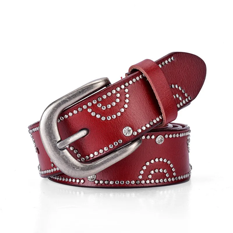 deep red Заколка Для панка с пряжкой, винтажный роскошный женский кожаный ремень с заклепками, женский пояс, полый женский ремень - Цвет: deep red