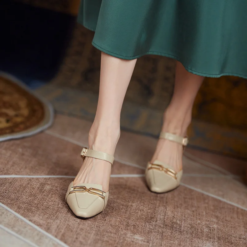 

2021 New summer Ladies slippers natural Leather shoes 22-24.5cm Metal decorative high-heel slippers outdoor slippers women