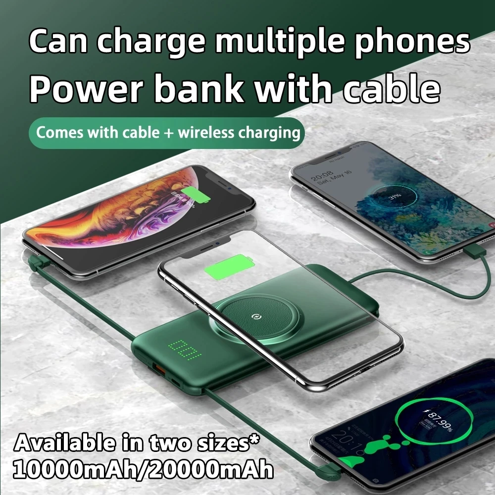 CASEIER Power Bank 20000 мАч беспроводной портативный внешний аккумулятор 4 кабеля 10000 банки