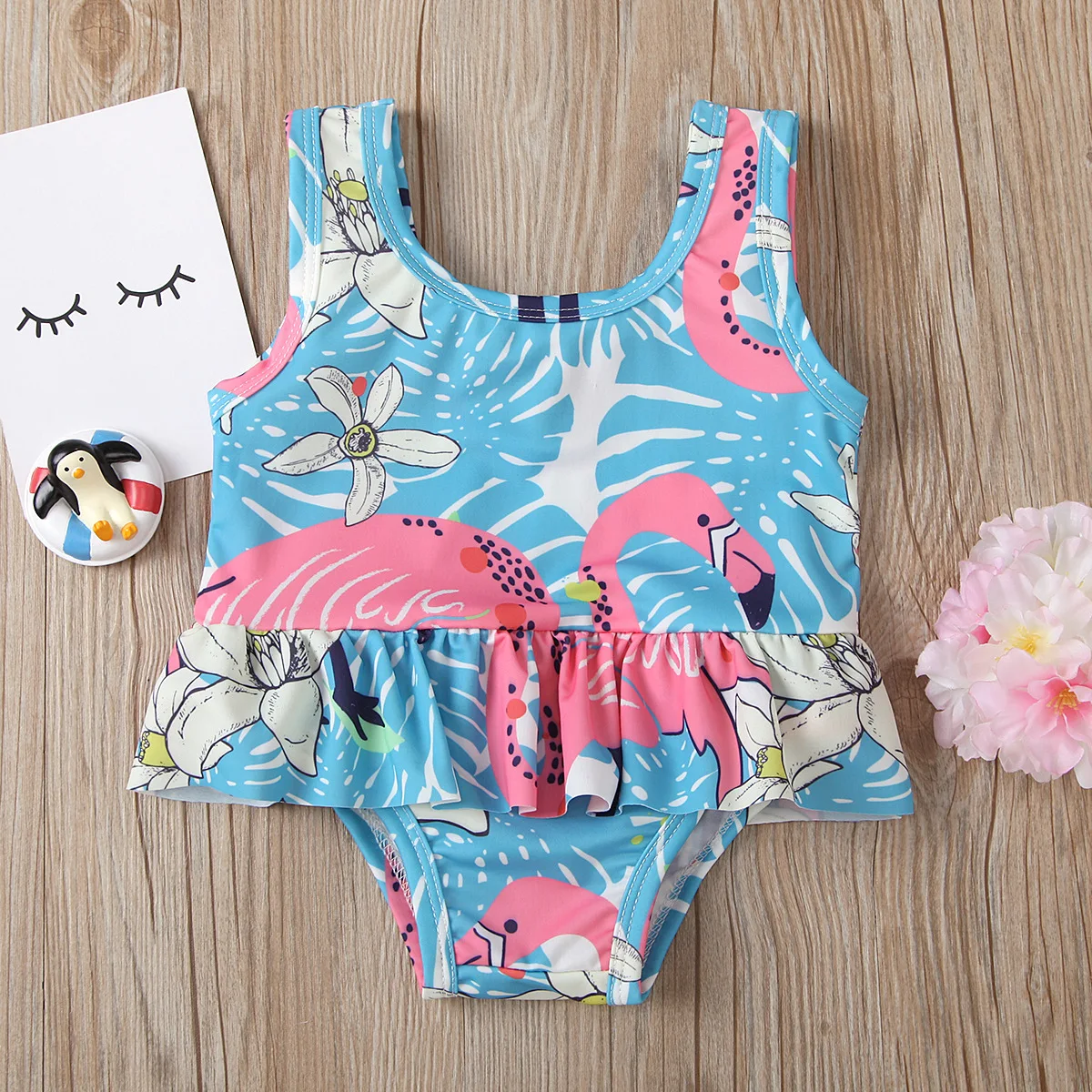 

Children's Sleeveless Vest Printed Swimsuit Girls' Water-washing One-piece Swimsuit Baby Summer Swimsuit Flamingos Soft Fabric