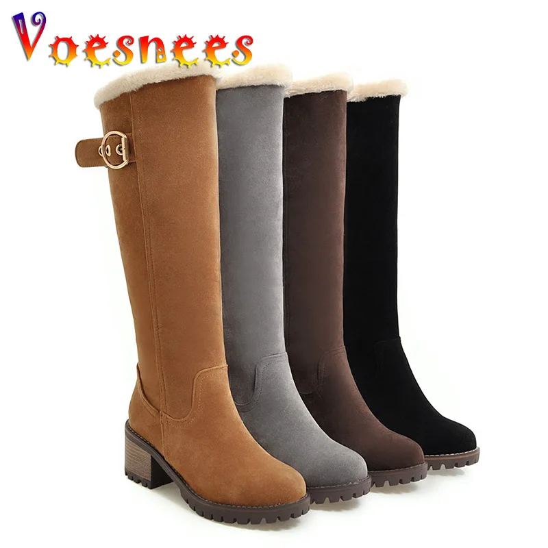 

New Long Tube Zip Women Boots Fashion College Style Flock Square Heel Shoes Exquisit Winter Warm Plush Knee-High Boots Size 43