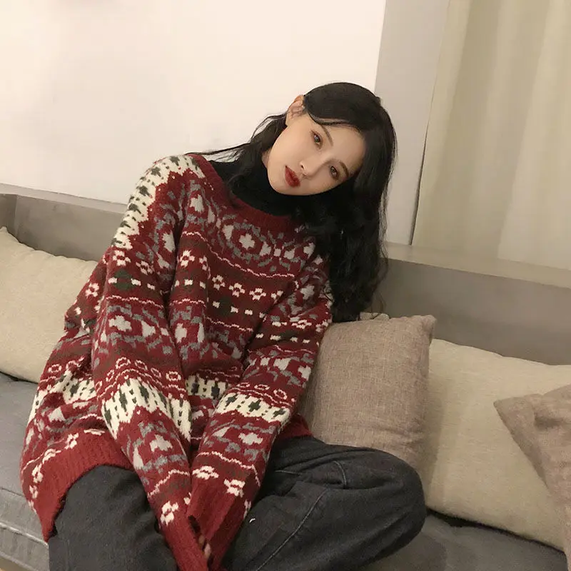 

Women Swearters Christmas Red Jacquard Loose Long Sleeve Round Collar Casual Jumper Clothes Sweet College Style Pullover