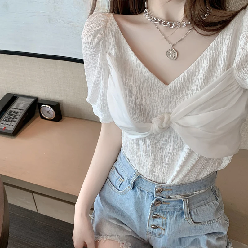 

V Neck White Solid Color Blue Summer Vintage Clothes For Women Short Sleeve T-Shirt Tops Blouses Vetement Femme 2021